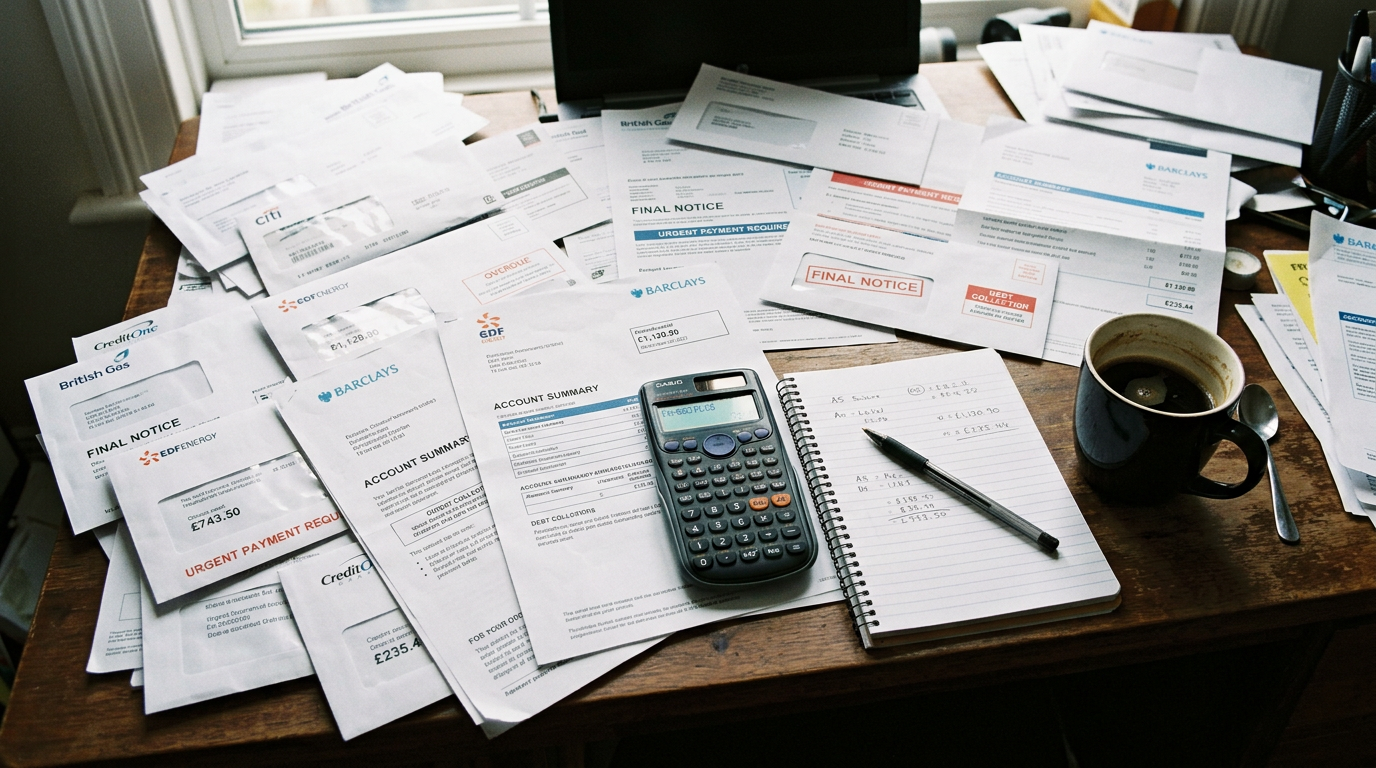 Overdue bills marked final notice beside a calculator and notebook